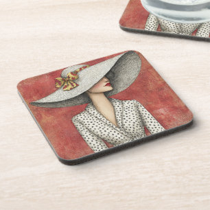 Porta-copo Chapéu Solar Largo Vintage Senhora em Vermelho