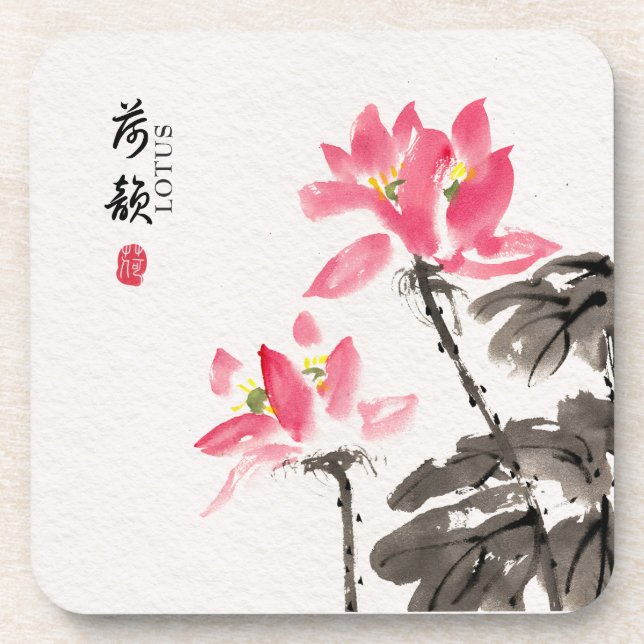 Porta-copo Chinoiserie Solta Aquarela Flores de Lotus (Frente)