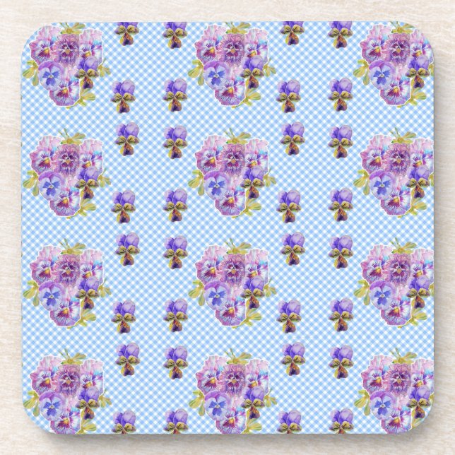 Porta-copo Chique Pansy Floral Blue Gingham Checks (Frente)