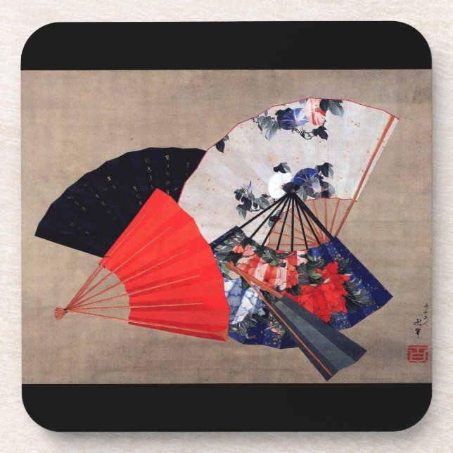 Porta-copo Cinco ventiladores japoneses, Hokusai, Ukiyoe (Frente)