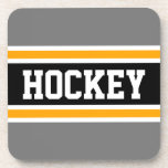 Porta-copo Cinza desportiva CHAVE  amarela Black White Strips<br><div class="desc">Este design desportivo,  colorido,  apresenta dentro de texto HOCKEY atlético,  uma faixa preta realçada com pinstripes brancas e amarelas contra faixas de cinza externas. O texto e as cores neste design podem ser personalizados.</div>