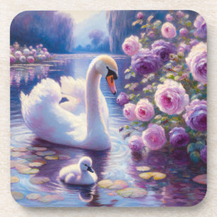 Porta-copo Cisne branco e Cygnet com Rosas roxos