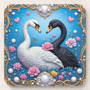 Porta-copo Cisnes de Casamento Enquadrados com Ouro e Flores
