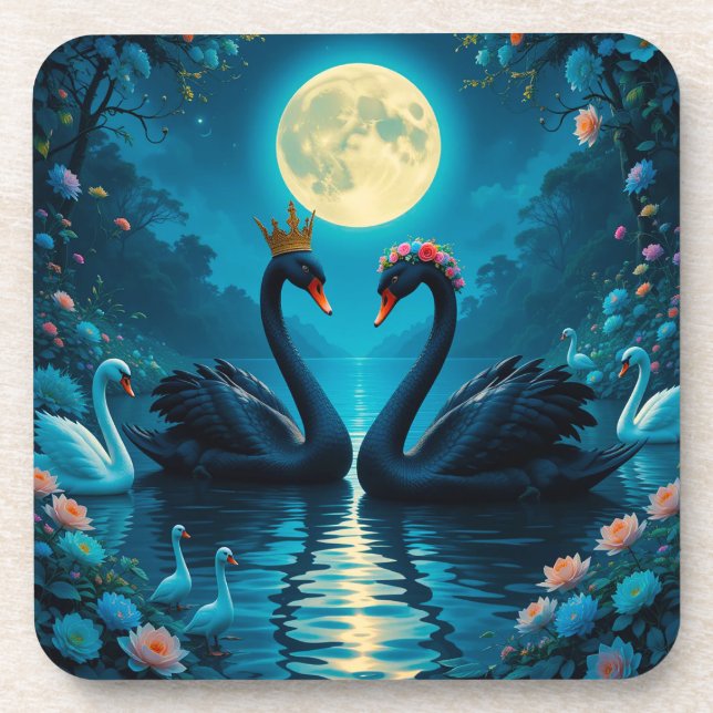 Porta-copo Cisnes Negros Elegantes Sob Lua Cheia (Frente)