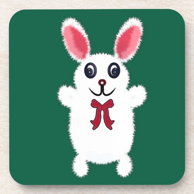 Porta-copo Coelho Bonito Fofo Branco com Laço Vermelho - Chri (Frente)