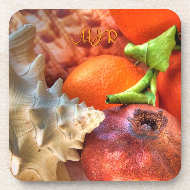 Porta-copo Conchas, Pomegranato, Laranjas, Monograma, vida út (Frente)