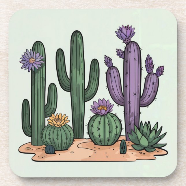 Porta-copo Conjunto de Portas copos Flores de Cactus Verdes (Frente)