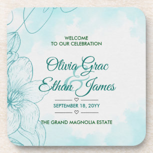 Porta-copo Convite de Casamento Floral em Aquarela Azul Elega