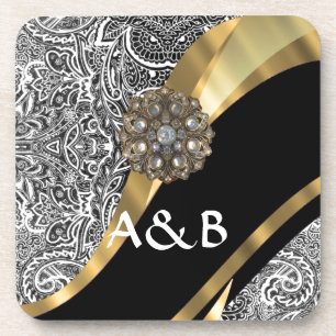 Porta-copo Cor damasco floral preta & branca