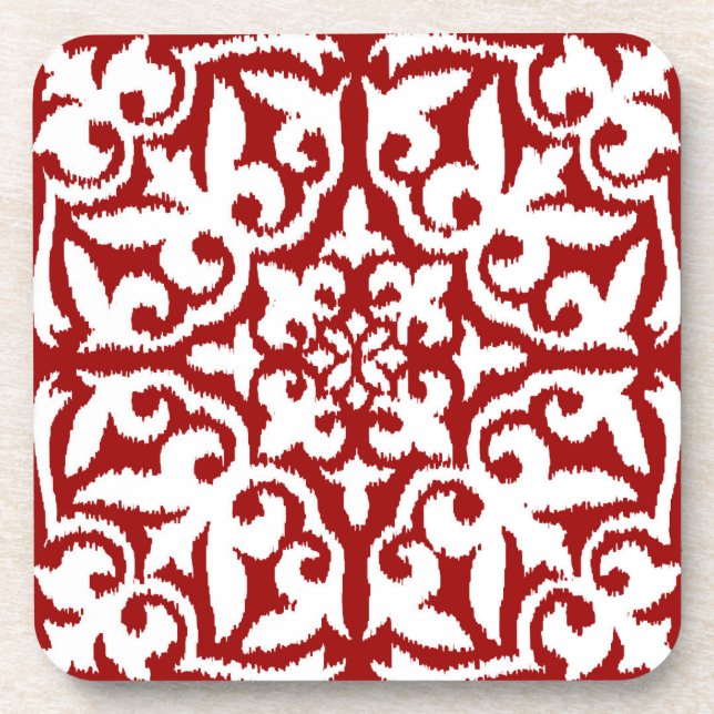 Porta-copo Cor damasco Ikat - Vermelho Escuro e Branco (Frente)