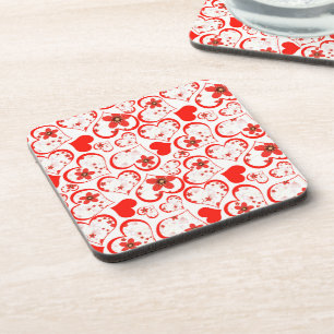 Porta-copo Corações vermelhos e flores em um branco