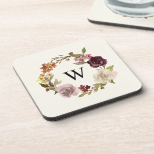 Porta-copo Coroa de Aquarela Floral Monograma Bege