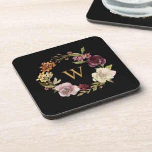 Porta-copo Coroa de Aquarela Floral Monograma Preto