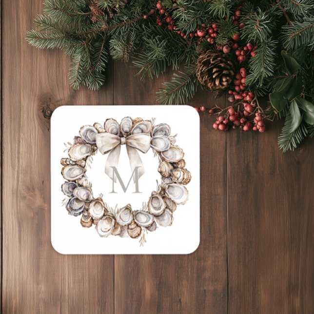 Porta-copo Coroa de Natal com Concha de Ostra Monogramada (Oyster Wreath Neutral Drink Coaster)