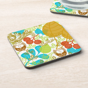 Porta-copo Corujas Retro Saem Fruta em Turquesa Verde Castanh