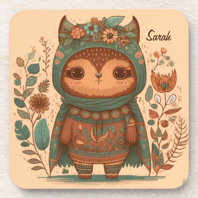 Porta-copo Costume de coruja floral de boho bonito (Frente)