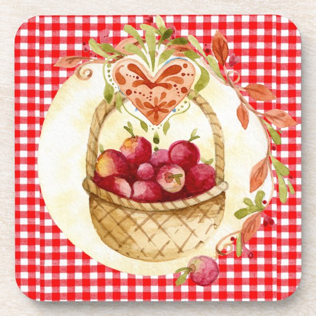 Porta-copo Country Red Gingham com Fruta de 6 (Frente)