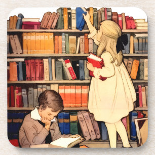Porta-copo Crianças Antigas Lendo Livros da Biblioteca