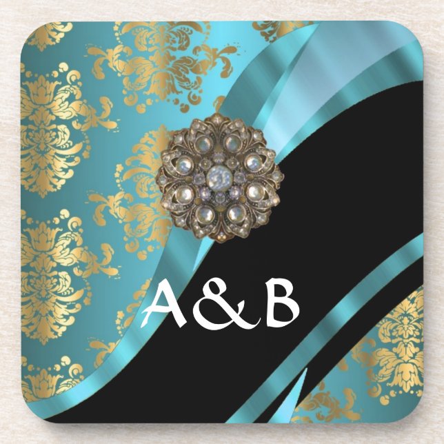Porta-copo Cristal azul-aqua e mouro damask faux (Frente)