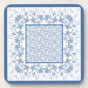 Porta-copo Custom Indigo Blue Floral Border Square Coasters