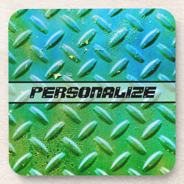 Porta-copo Custom Name Diamond Plate Steel Green and Blue (Frente)