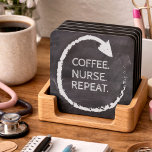 Porta-copo Customizable Phrase Coffee Nurse Repeat<br><div class="desc">Introducing this humorous customizable coaster inspired by nurses and featuring a chalkboard design with the words "Coffee, Nurse, Repeat"! Elevate your work space or home decor with this charming accent piece that pays homage to the dedication and passion of nurses. If you choose, the three words can be changed to...</div>