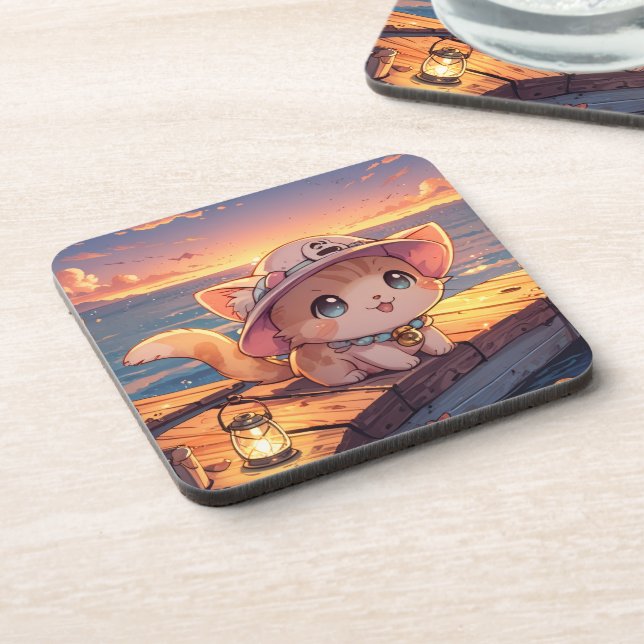 Porta-copo Cute Chibi Kitten at the Harbor Sunset – Whimsical (Left Side)