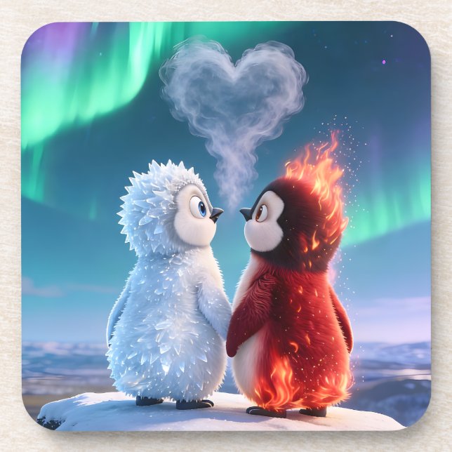 Porta-copo Cute Fire and Ice Penguin Northern Lights (Frente)