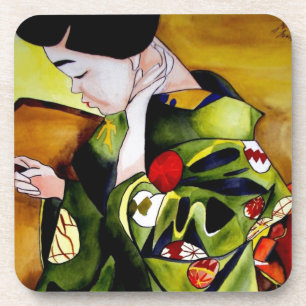 Porta-copo Cute Geisha com arte original verde kimono