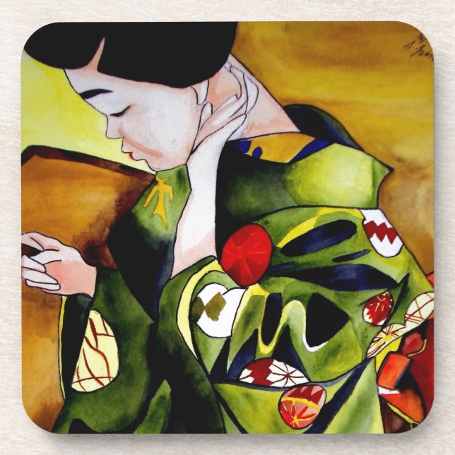Porta-copo Cute Geisha com arte original verde kimono (Frente)