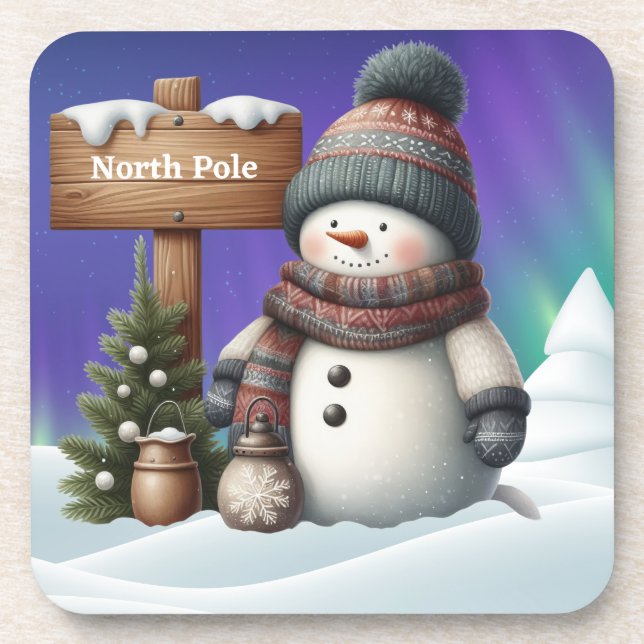 Porta-copo Cute snowman on North Pole with northern lights (Frente)