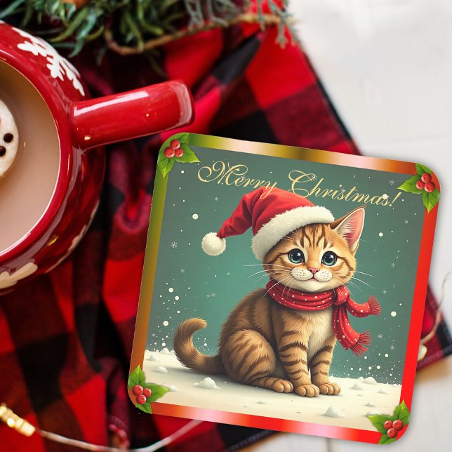 Porta-copo Cute Vintage Tabby Cat Christmas (Cute Vintage Tabby Cat Christmas Beverage Coaster by the Olde Christmas Shoppe)