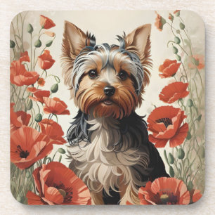 Porta-copo Cute Yorkshire Terrier Botanical Red Poppies