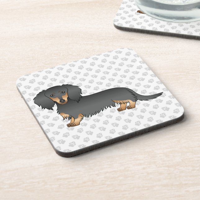 Porta-copo Dachshund Cartoon de Cachorro de Pelo Longo Preto  (Left Side)