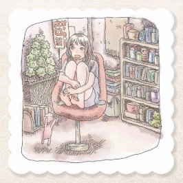 PORTA-COPO DE PAPEL さなにくじ  本棚のある部屋、赤い椅子の上に座って身体を丸める女性のイラスト
