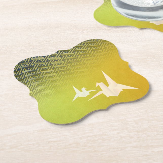 PORTA-COPO DE PAPEL 折鶴と紗綾形紋様（金地に紺青色）のペーパーコースター (Angular)