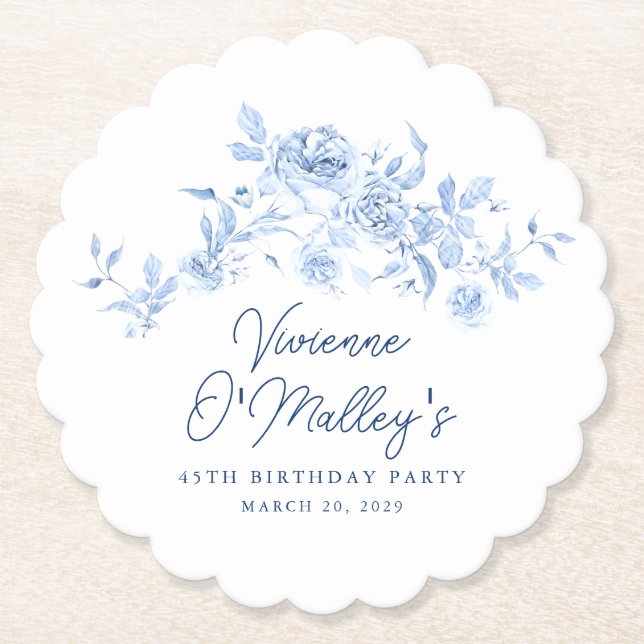 Porta-copo De Papel 45th Birthday Party Blue Rose Floral Custom (Frente)