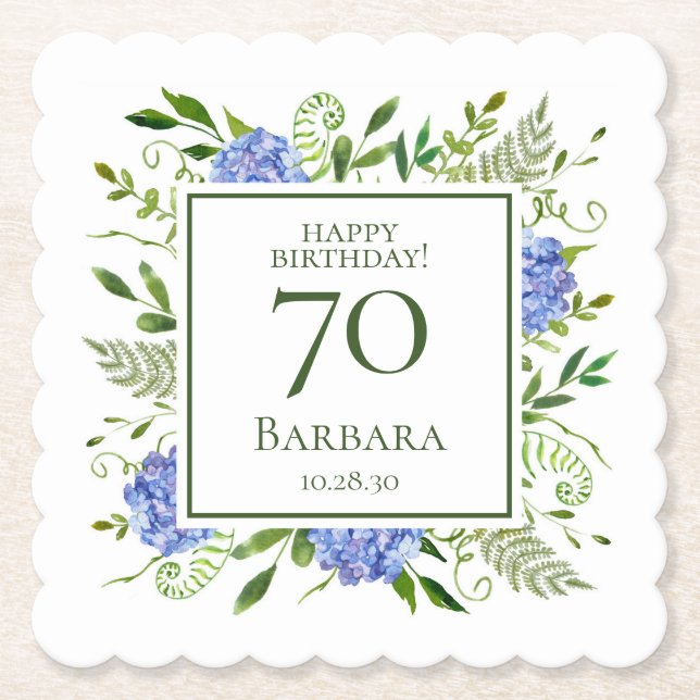 Porta-copo De Papel 70 Birthday Blue Hydrangeas (Frente)
