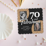 Porta-copo De Papel 70 e Fabuloso 70 de Foto Glitter 2 no Aniversário<br><div class="desc">70 e uma fabulosa Porta copos de papel para Festa de aniversário de 70 de fotos Glitter 2 Dourada. O legante brilho de ouro falso em um fundo preto. Adicione suas fotos - você pode usar uma foto antiga e nova. Adicione seu nome e sua idade.</div>