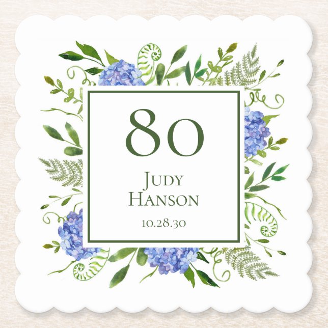 Porta-copo De Papel 80 Birthday Blue Hydrangeas (Frente)
