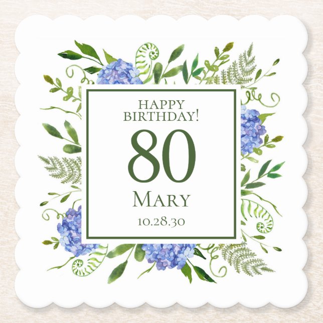Porta-copo De Papel 80 Birthday Blue Hydrangeas (Frente)