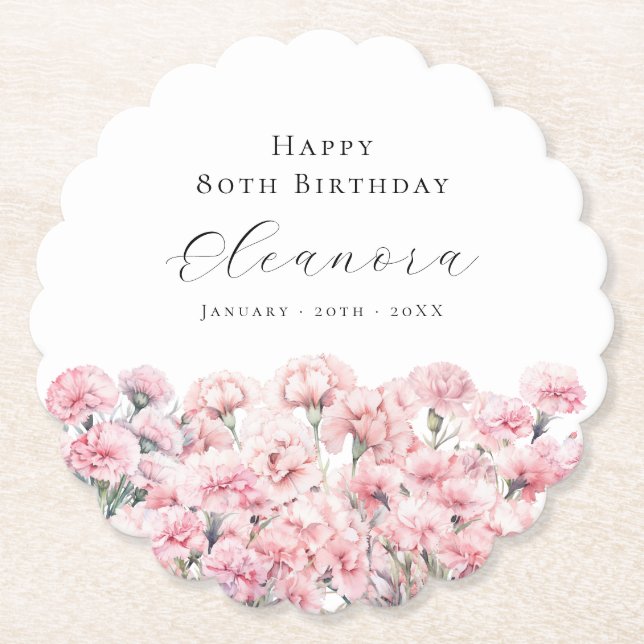 Porta-copo De Papel 80th Birthday Pink Carnation January Birth Flower (Frente)
