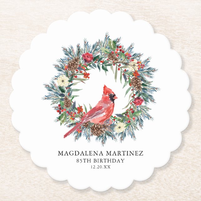 Porta-copo De Papel 85th Birthday Party Red Cardinal Wreath Custom (Frente)
