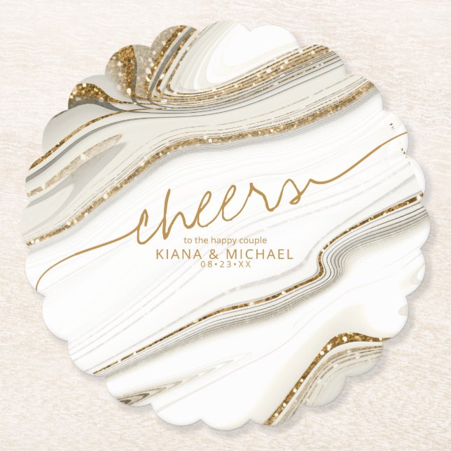 Porta-copo De Papel Abstrato Glitter Strata Wedding Cheers Ivory ID903 (Frente)