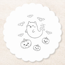 Adorável Arte de Linha de Gato Fantasma de Hallowe