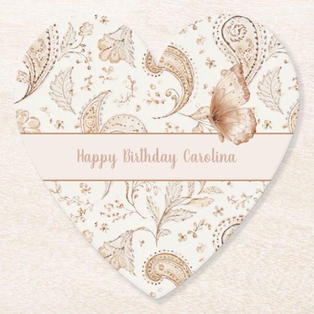 Porta-copo De Papel Aniversário de Borboleta Boho Bege Creme (Frente)