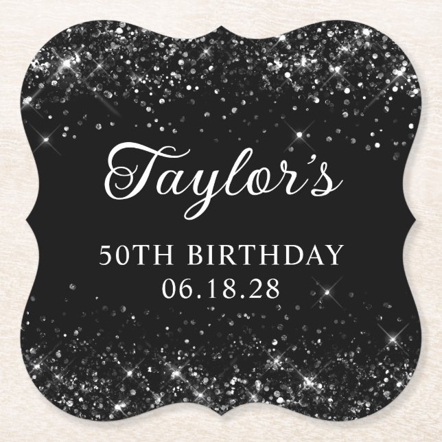Porta-copo De Papel Aniversário Glittery Black 50th (Frente)