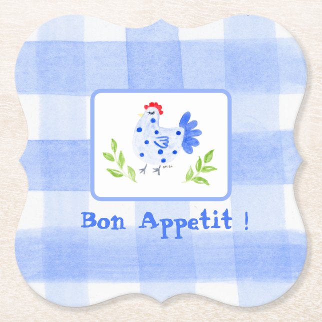 Porta-copo De Papel Aquarela Azul Hen Check Bon Appetiemat (Frente)
