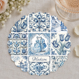 Porta-copo De Papel Azul Chic branco toile de jouy Bonecas e flores