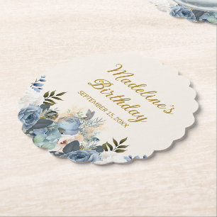 Porta-copo De Papel Azul Desbotado Branco Floral Feliz Aniversário Nom